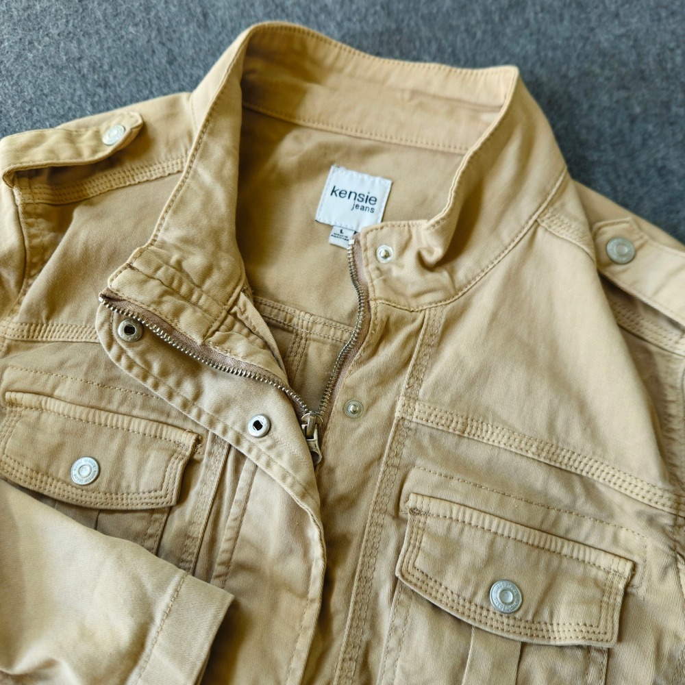 Kensie Jeans Lightweight Tan Military Utility Jacket Cotton Cargo Large BDU EUC